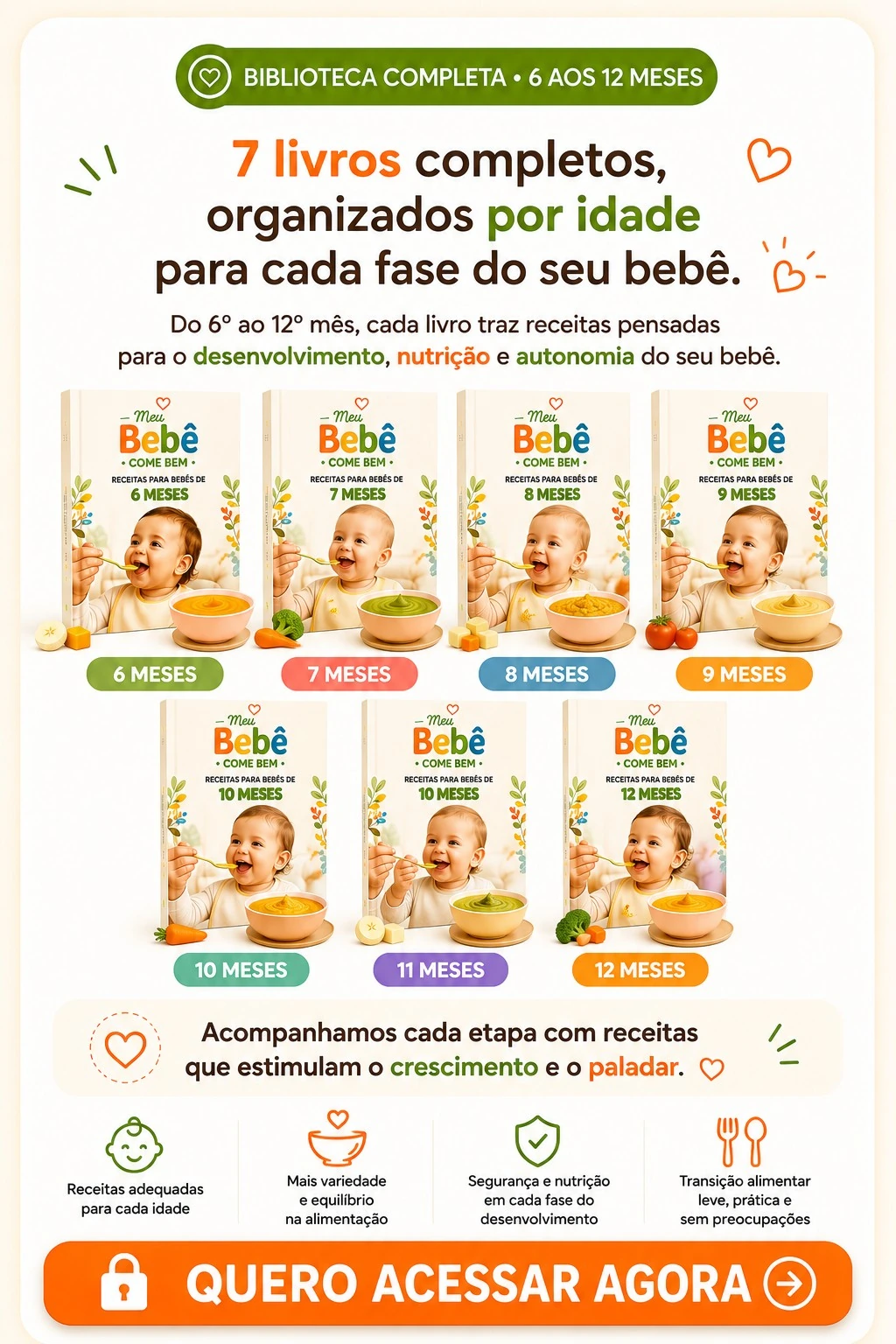 Sete livros organizados dos 6 aos 12 meses